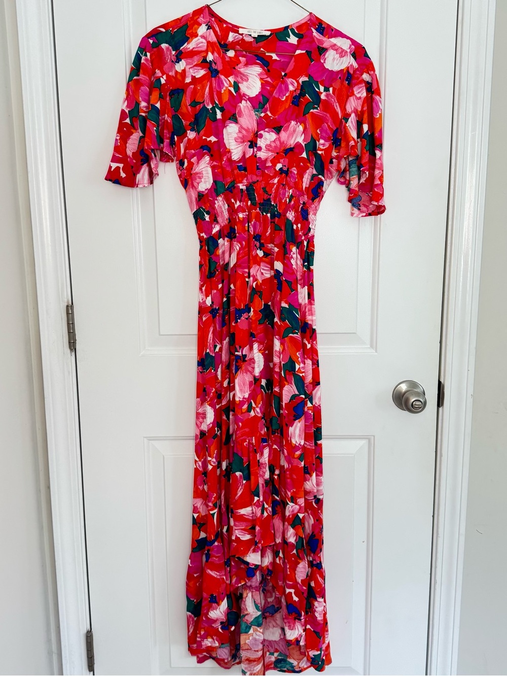 Abel the Label Women's Pink Floral Maxi Dress Small, Smocked Waist, High/Low
